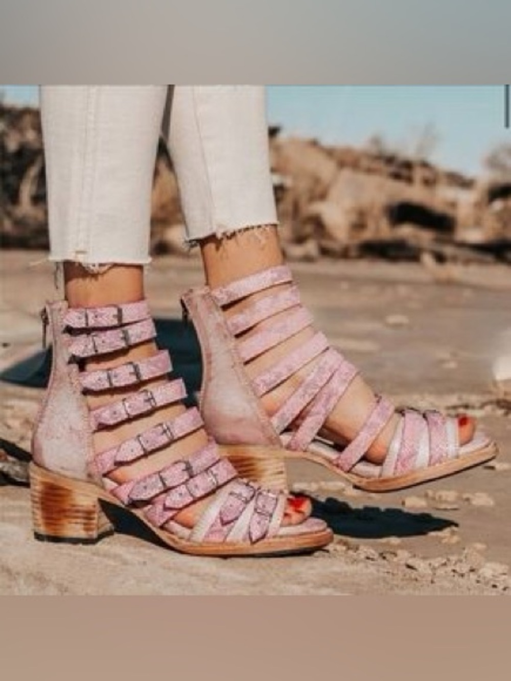 Freebird by Steven Casandra Pink Snakeskin Leather Gladiator Block Heel Sandal 8 - Picture 10 of 10